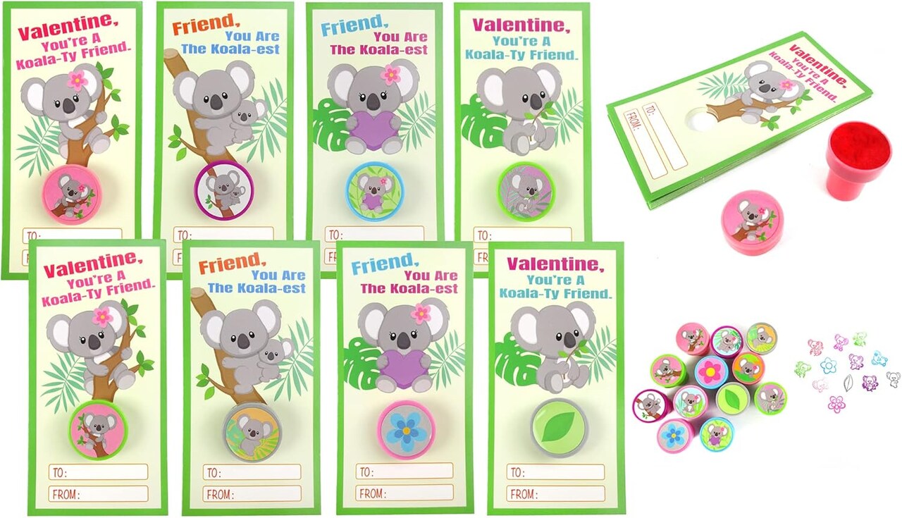 Tiny Mills 36 PACK Koala Barnyard Valentine's Day Cards with Stampers for Valentine's Day Classroom Exchange
